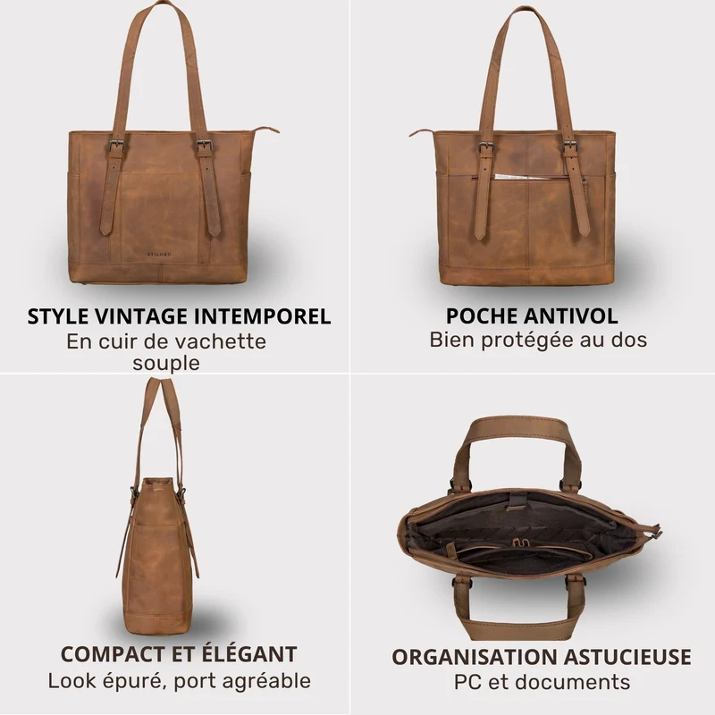 "Solaya" Shopper Damen Leder Groß mit Laptopfach 15,6 Zoll