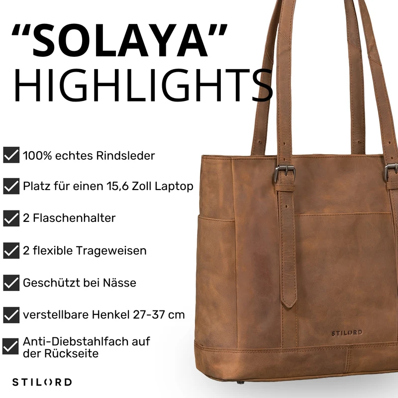 "Solaya" Shopper Damen Leder Groß mit Laptopfach 15,6 Zoll