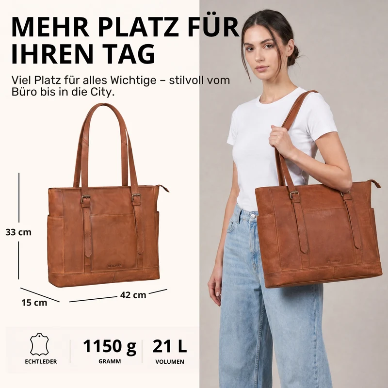 "Solaya" Shopper Damen Leder Groß mit Laptopfach 15,6 Zoll