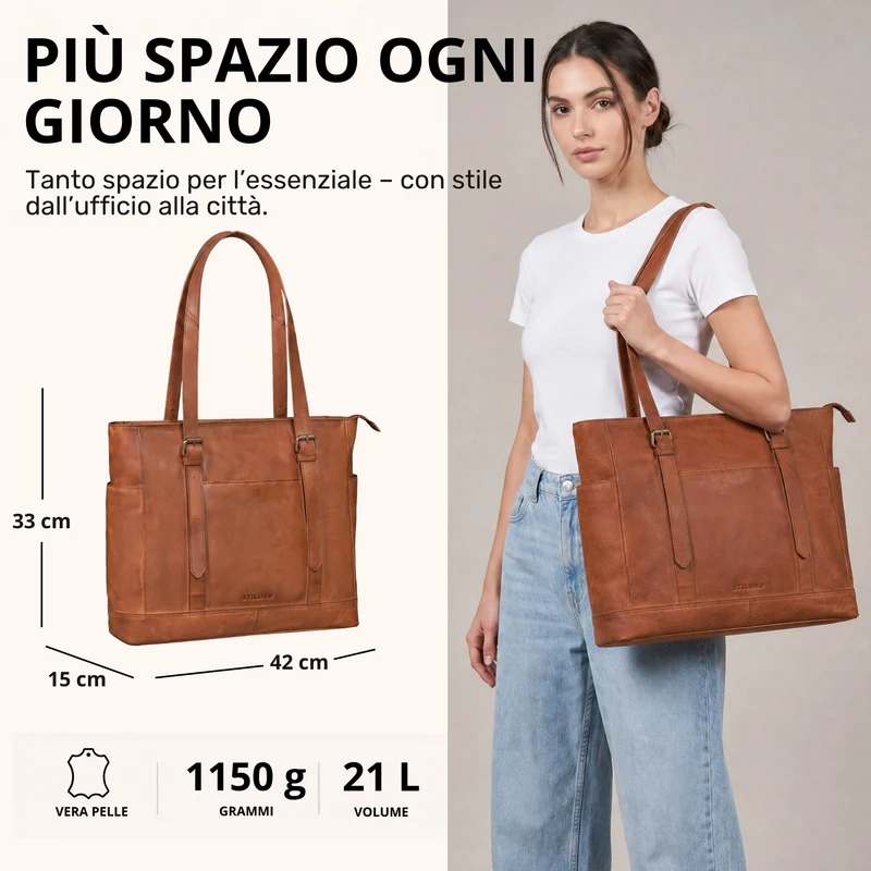 "Solaya" Shopper Damen Leder Groß mit Laptopfach 15,6 Zoll