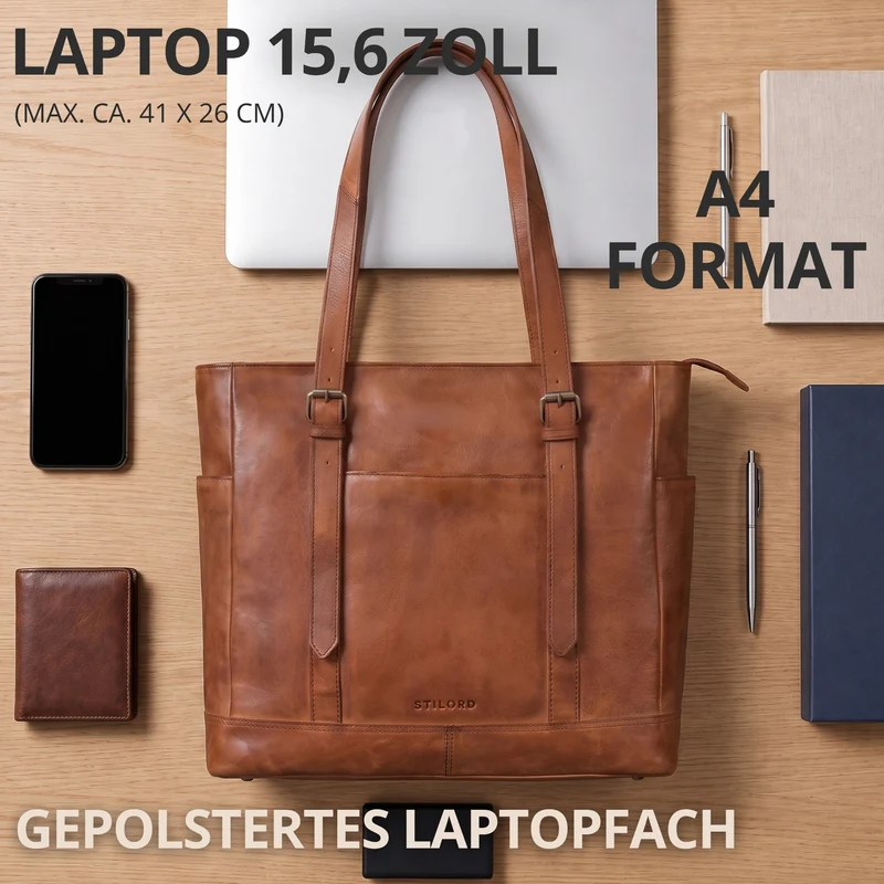 "Solaya" Shopper Damen Leder Groß mit Laptopfach 15,6 Zoll