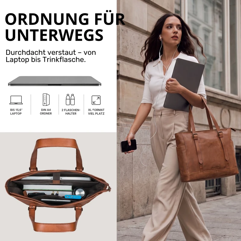 "Solaya" Shopper Damen Leder Groß mit Laptopfach 15,6 Zoll