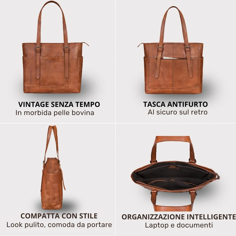 "Solaya" Shopper Damen Leder Groß mit Laptopfach 15,6 Zoll