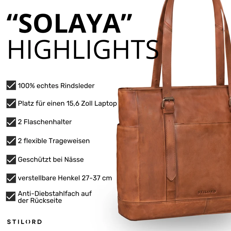"Solaya" Shopper Damen Leder Groß mit Laptopfach 15,6 Zoll