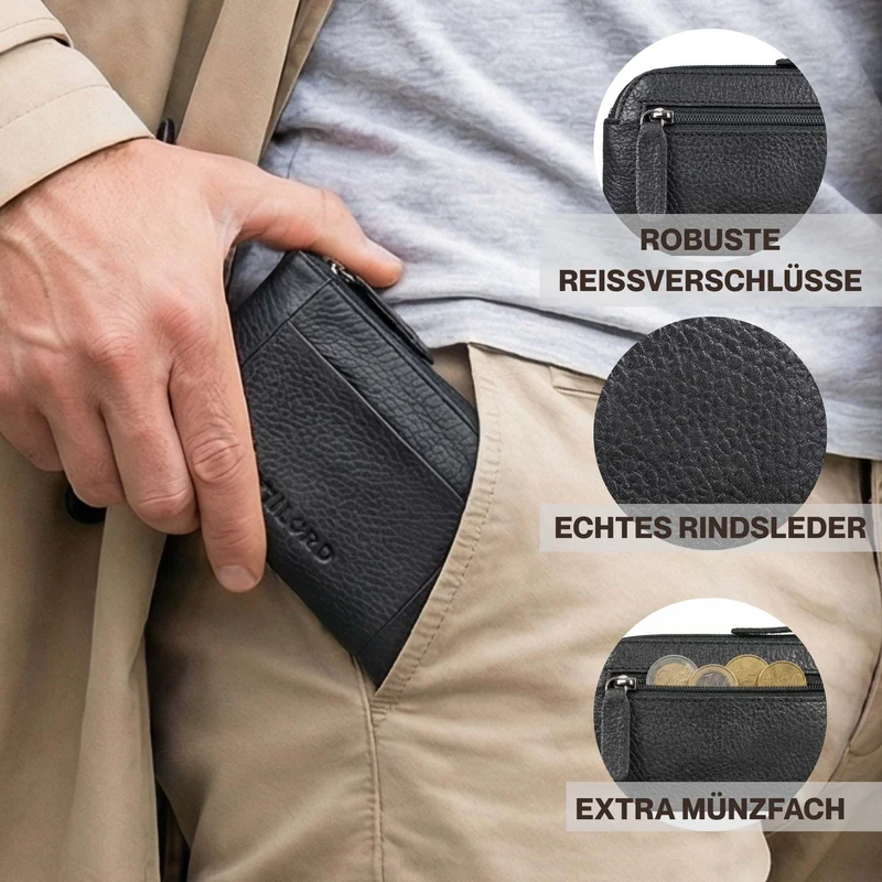 "Jannik" Vintage Schlüsselmäppchen Leder mit Münzfach & Reißverschluss
