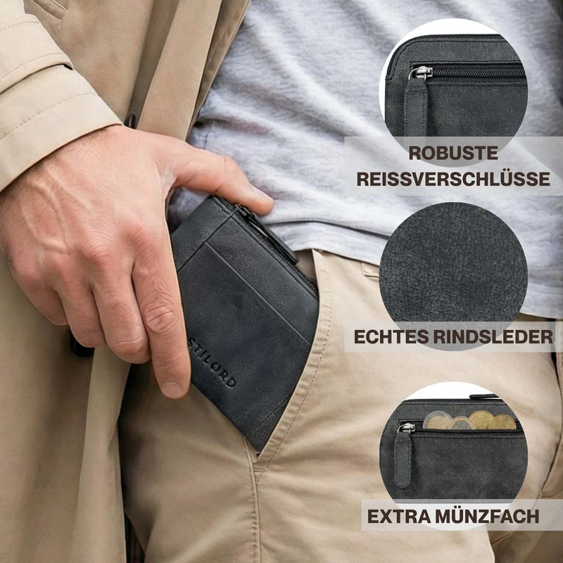 "Jannik" Vintage Schlüsselmäppchen Leder mit Münzfach & Reißverschluss