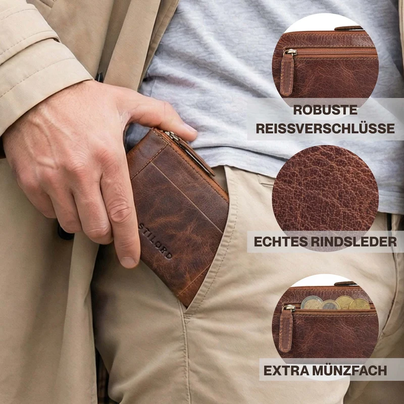 "Jannik" Vintage Schlüsselmäppchen Leder mit Münzfach & Reißverschluss