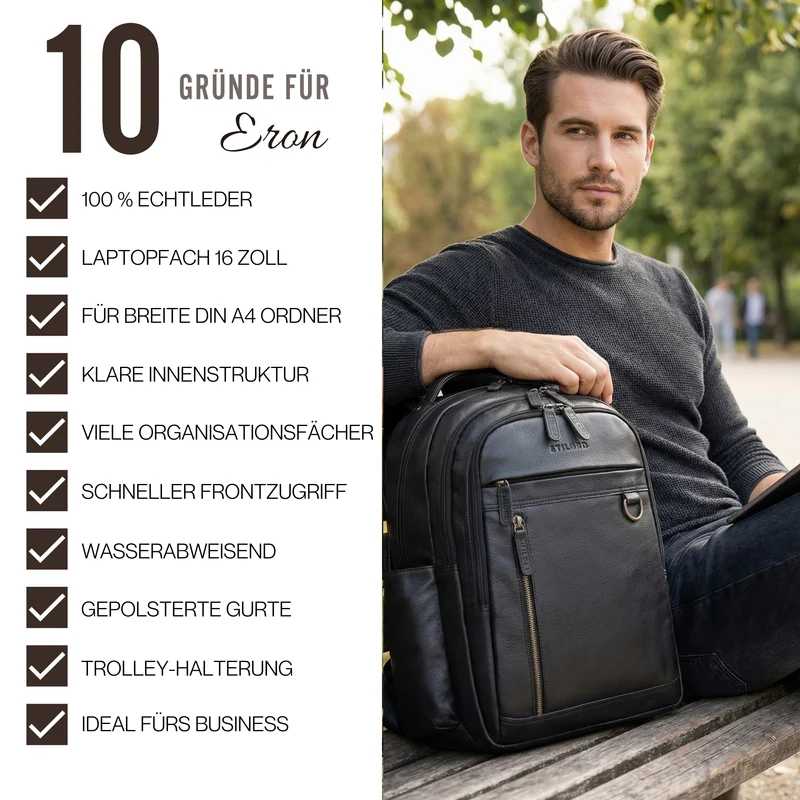 "Eron" Großer Business Rucksack Herren Leder 15,6 - 16 Zoll