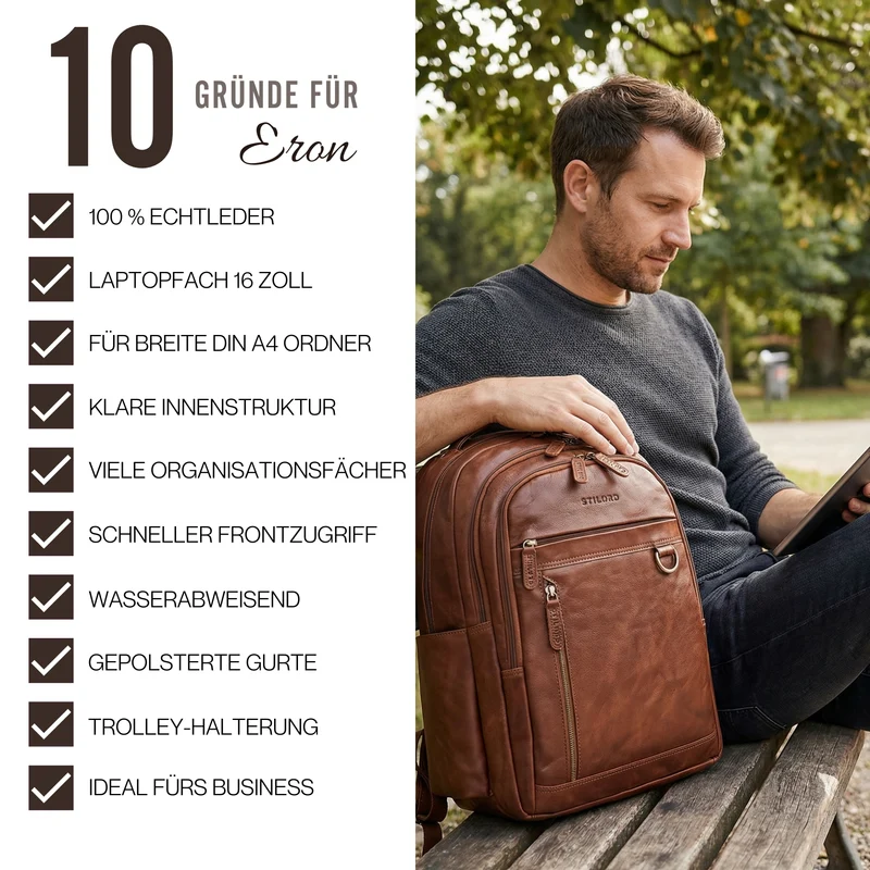 "Eron" Großer Business Rucksack Herren Leder 15,6 - 16 Zoll