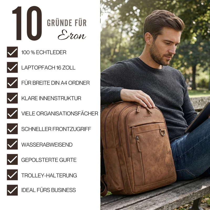 "Eron" Großer Business Rucksack Herren Leder 15,6 - 16 Zoll