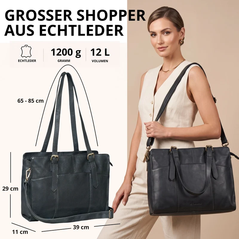 "Michelle" Leder Shopper Tasche Damen Groß 15,6 - 16 Zoll Laptopfach