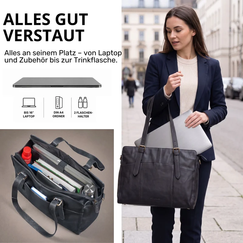 "Michelle" Leder Shopper Tasche Damen Groß 15,6 - 16 Zoll Laptopfach