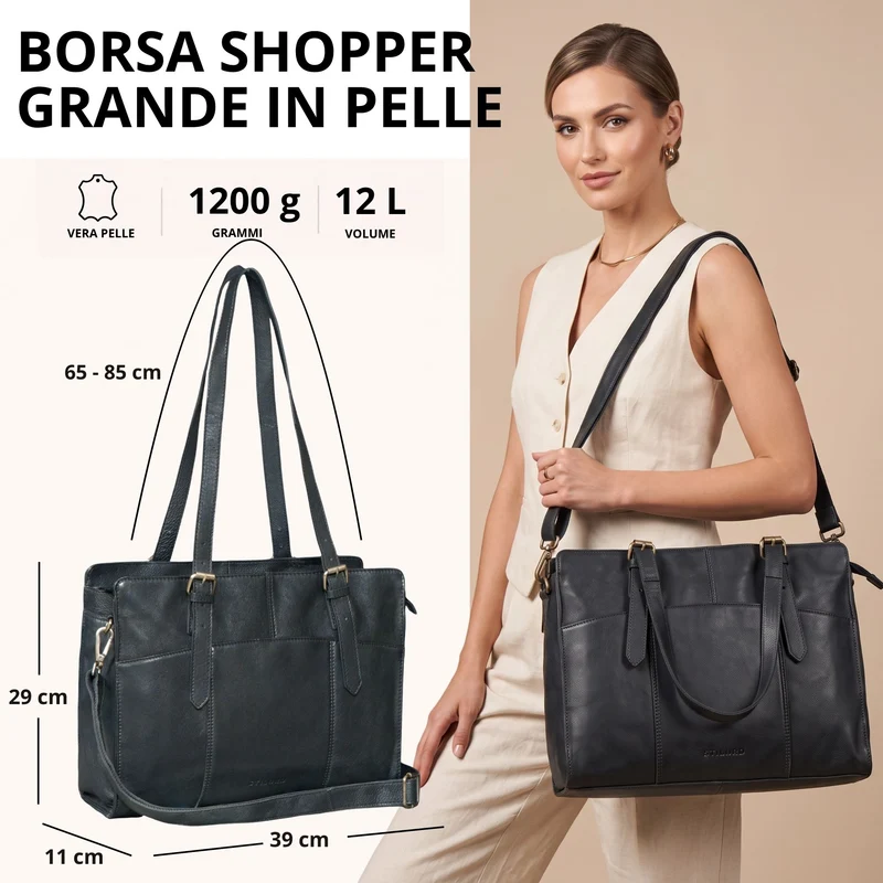 "Michelle" Leder Shopper Tasche Damen Groß 15,6 - 16 Zoll Laptopfach