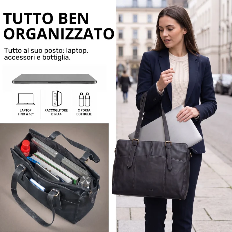 "Michelle" Leder Shopper Tasche Damen Groß 15,6 - 16 Zoll Laptopfach