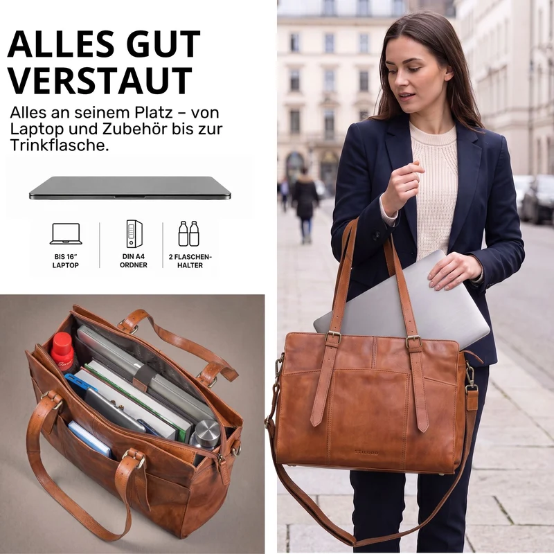"Michelle" Leder Shopper Tasche Damen Groß 15,6 - 16 Zoll Laptopfach