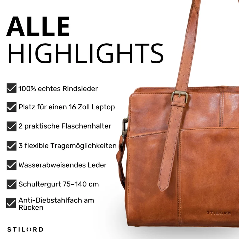 "Michelle" Leder Shopper Tasche Damen Groß 15,6 - 16 Zoll Laptopfach