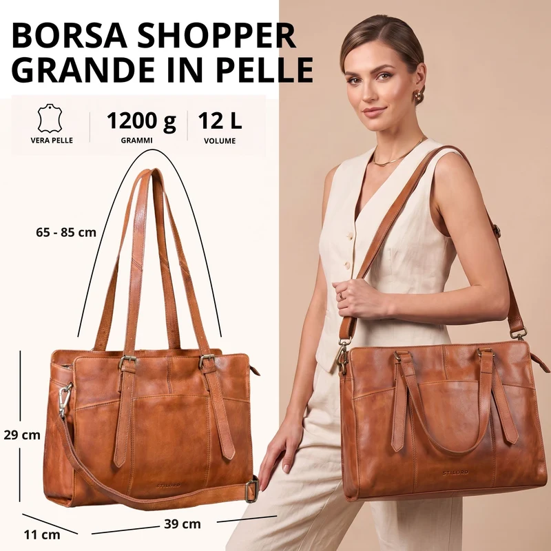 "Michelle" Leder Shopper Tasche Damen Groß 15,6 - 16 Zoll Laptopfach