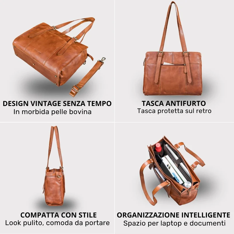"Michelle" Leder Shopper Tasche Damen Groß 15,6 - 16 Zoll Laptopfach