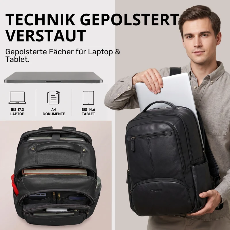 "Aljoscha" Leder Rucksack Herren Groß 15,6 - 17,3 Zoll mit Tabletfach