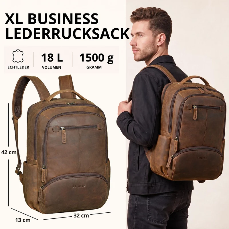 "Aljoscha" Leder Rucksack Herren Groß 15,6 - 17,3 Zoll mit Tabletfach