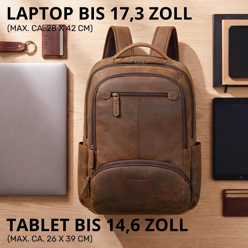 "Aljoscha" Leder Rucksack Herren Groß 15,6 - 17,3 Zoll mit Tabletfach