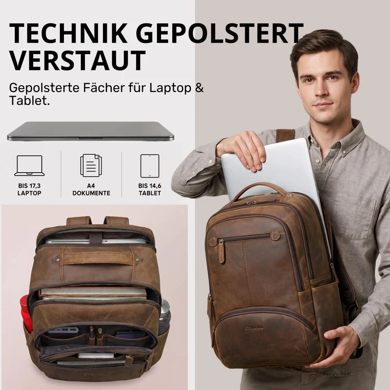 "Aljoscha" Leder Rucksack Herren Groß 15,6 - 17,3 Zoll mit Tabletfach