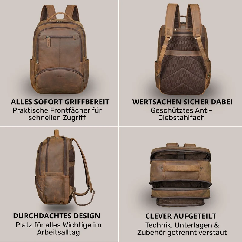 "Aljoscha" Leder Rucksack Herren Groß 15,6 - 17,3 Zoll mit Tabletfach