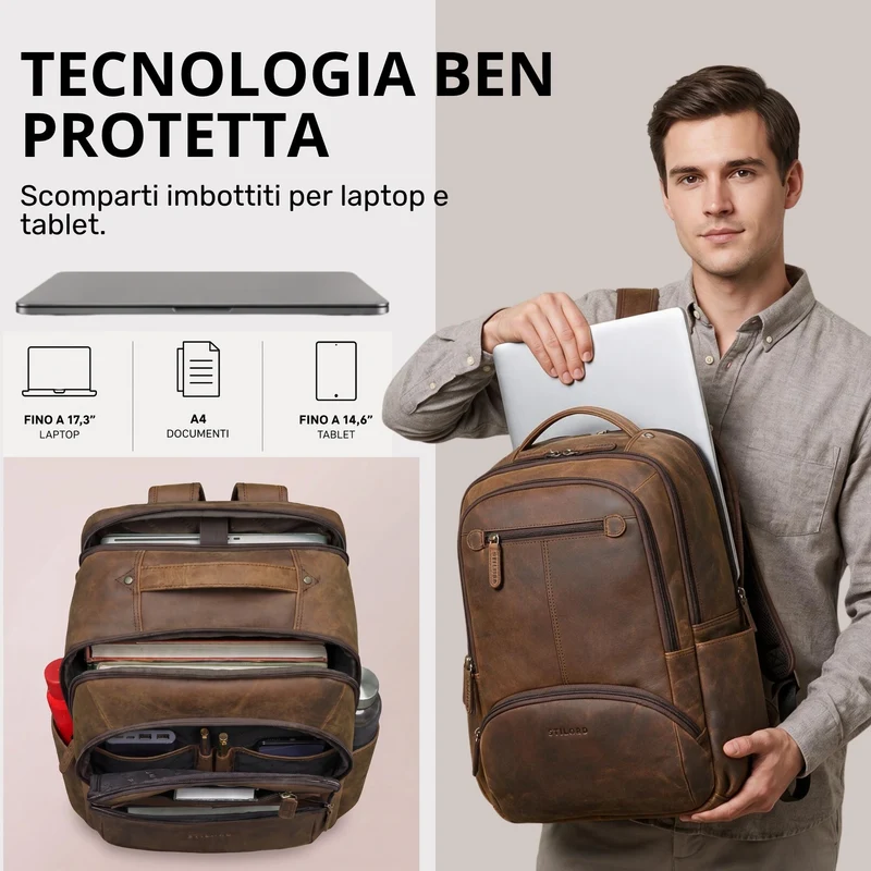 "Aljoscha" Leder Rucksack Herren Groß 15,6 - 17,3 Zoll mit Tabletfach