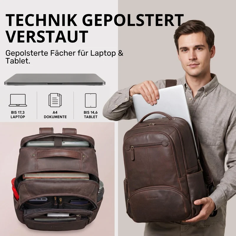 "Aljoscha" Leder Rucksack Herren Groß 15,6 - 17,3 Zoll mit Tabletfach