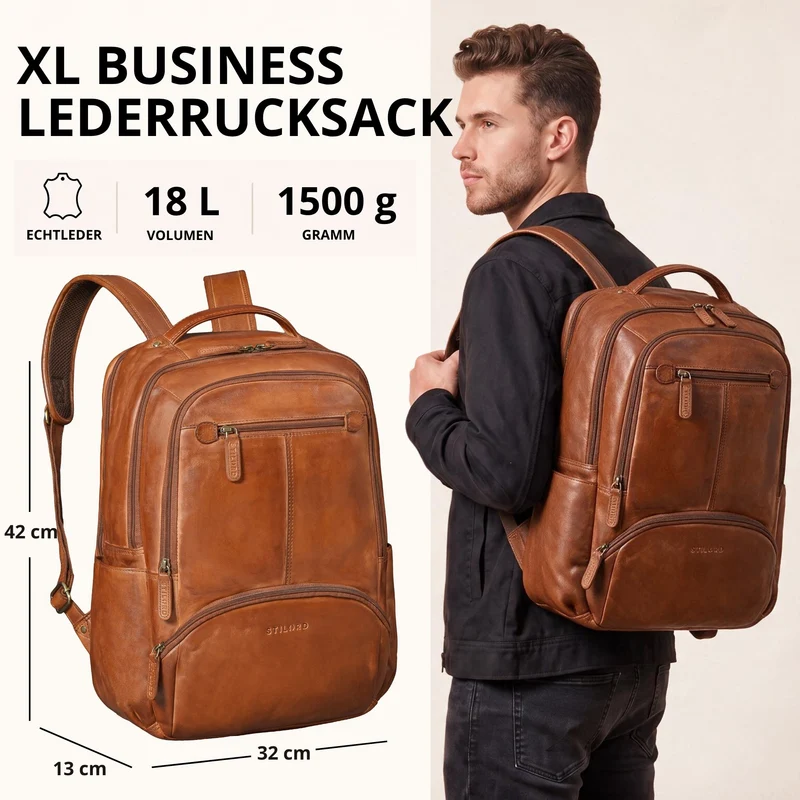"Aljoscha" Leder Rucksack Herren Groß 15,6 - 17,3 Zoll mit Tabletfach