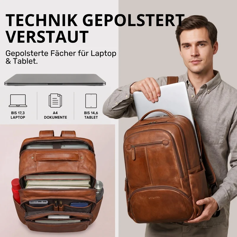 "Aljoscha" Leder Rucksack Herren Groß 15,6 - 17,3 Zoll mit Tabletfach