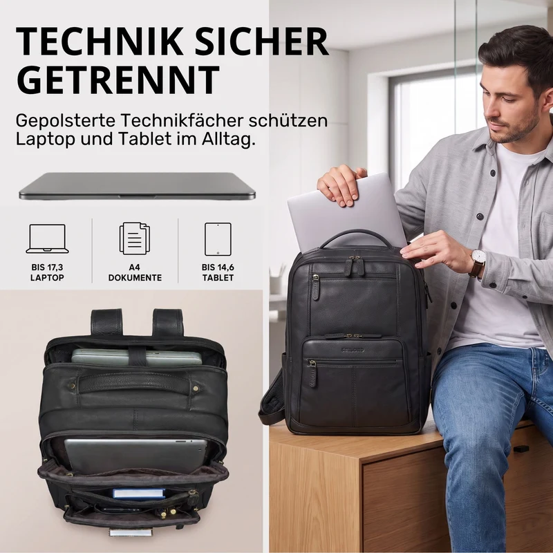 "Laurenz" Rucksack Herren Leder XL 15,6-17,3 Zoll mit Tabletfach