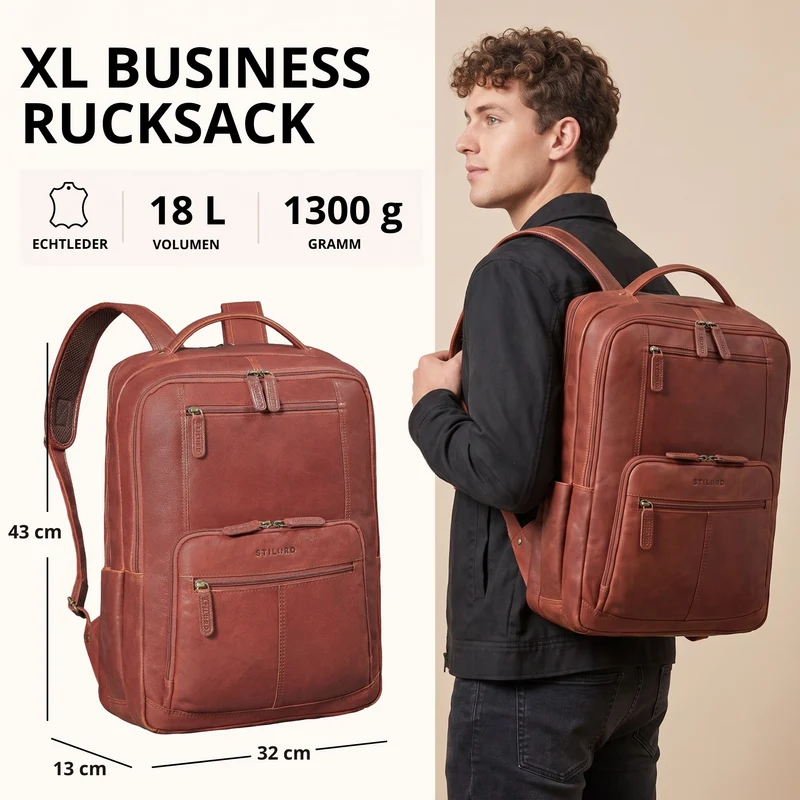 "Laurenz" Rucksack Herren Leder XL 15,6-17,3 Zoll mit Tabletfach