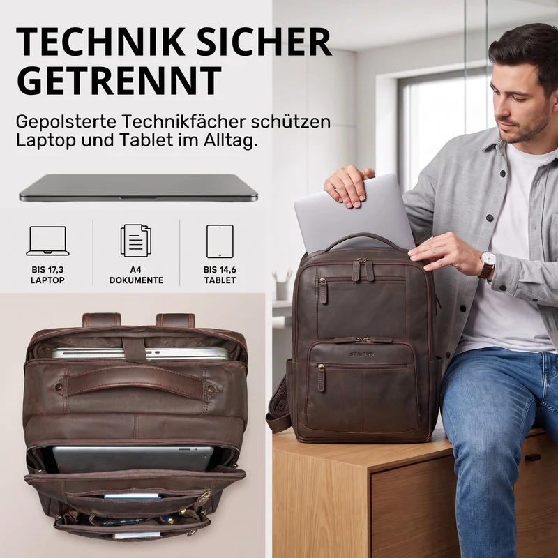 "Laurenz" Rucksack Herren Leder XL 15,6-17,3 Zoll mit Tabletfach
