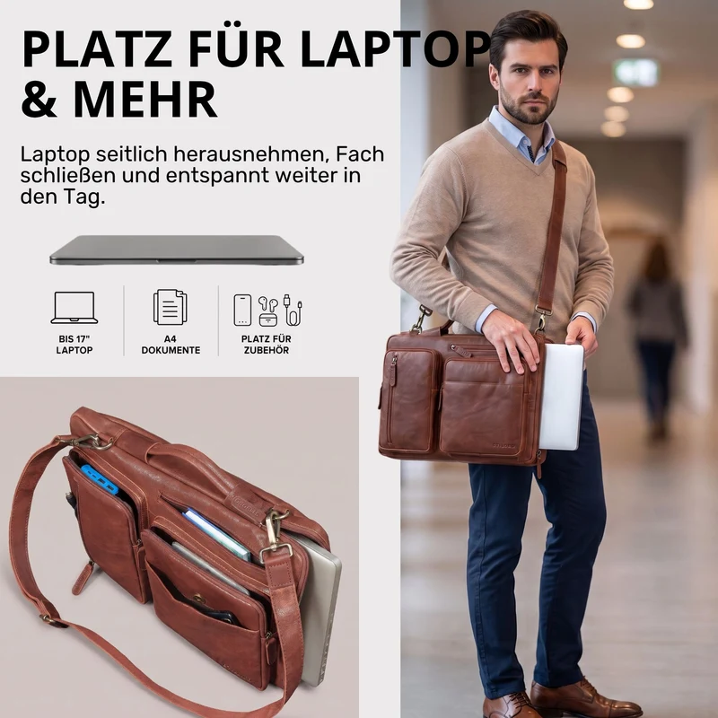 "Torsten" Laptoptasche Herren Leder Sleeve 15,6-17 Zoll