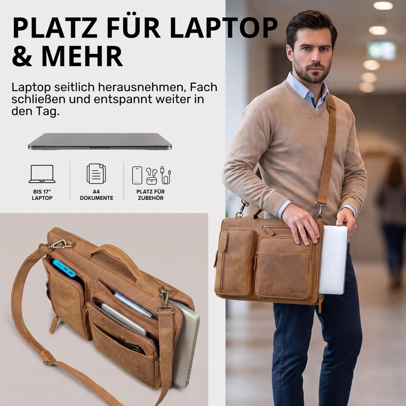 "Torsten" Laptoptasche Herren Leder Sleeve 15,6-17 Zoll