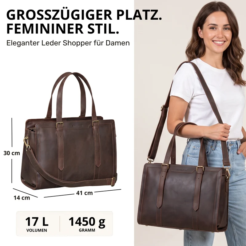 "Evelina" Elegante Leder Shopper Damen Groß 15,6 Zoll - 16 Zoll Laptop
