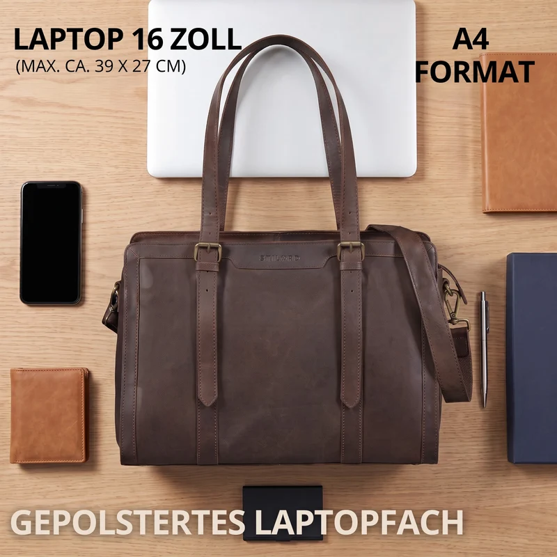 "Evelina" Elegante Leder Shopper Damen Groß 15,6 Zoll - 16 Zoll Laptop
