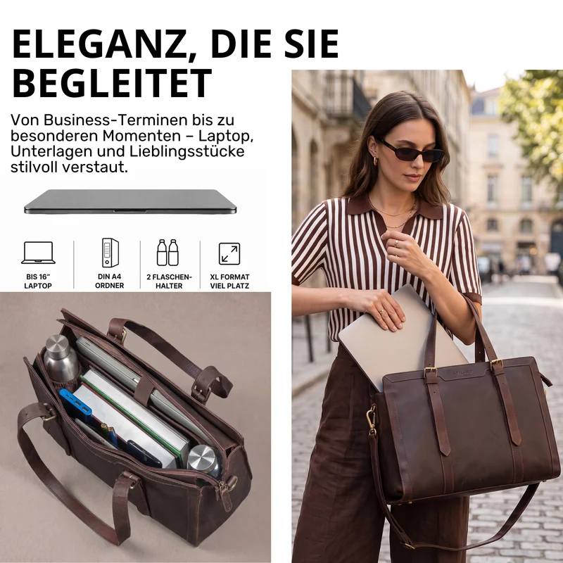 "Evelina" Elegante Leder Shopper Damen Groß 15,6 Zoll - 16 Zoll Laptop