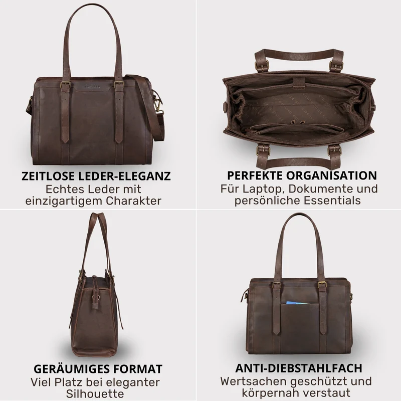 "Evelina" Elegante Leder Shopper Damen Groß 15,6 Zoll - 16 Zoll Laptop