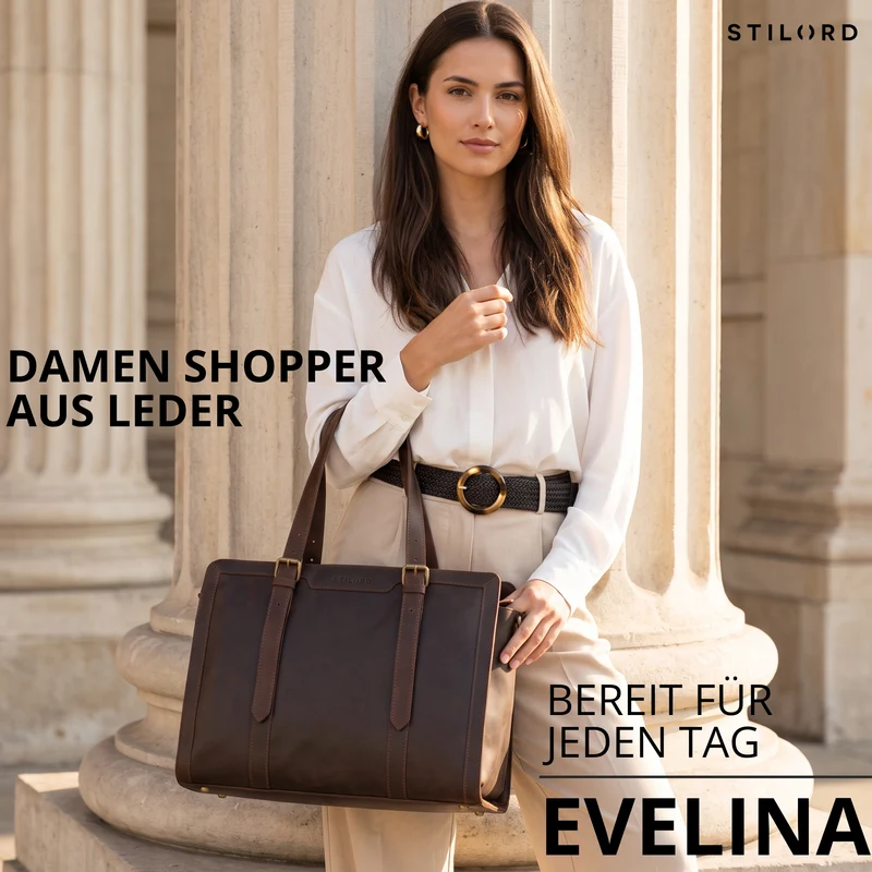 "Evelina" Elegante Leder Shopper Damen Groß 15,6 Zoll - 16 Zoll Laptop