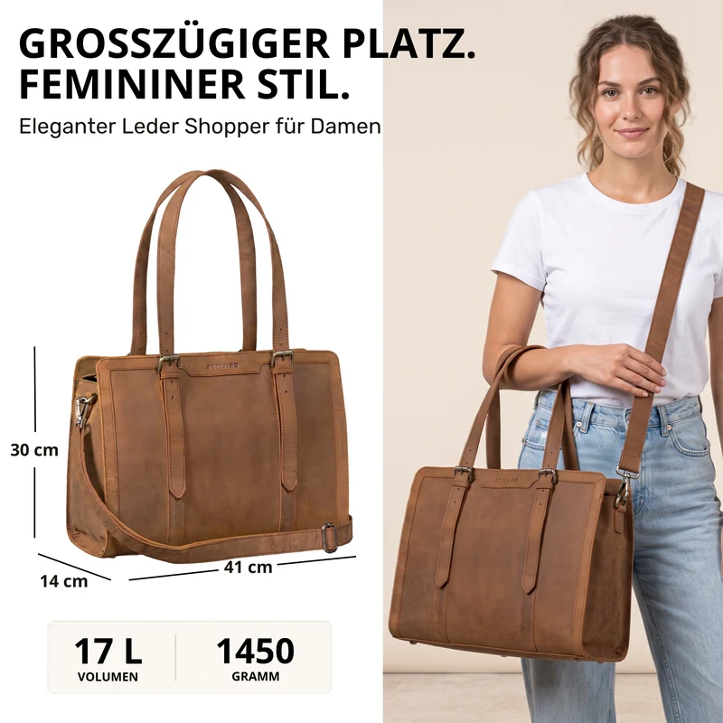 "Evelina" Elegante Leder Shopper Damen Groß 15,6 Zoll - 16 Zoll Laptop