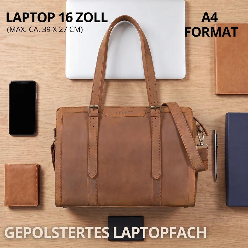 "Evelina" Elegante Leder Shopper Damen Groß 15,6 Zoll - 16 Zoll Laptop