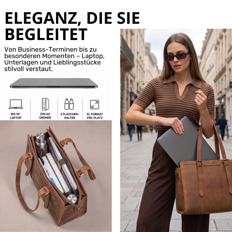 "Evelina" Elegante Leder Shopper Damen Groß 15,6 Zoll - 16 Zoll Laptop
