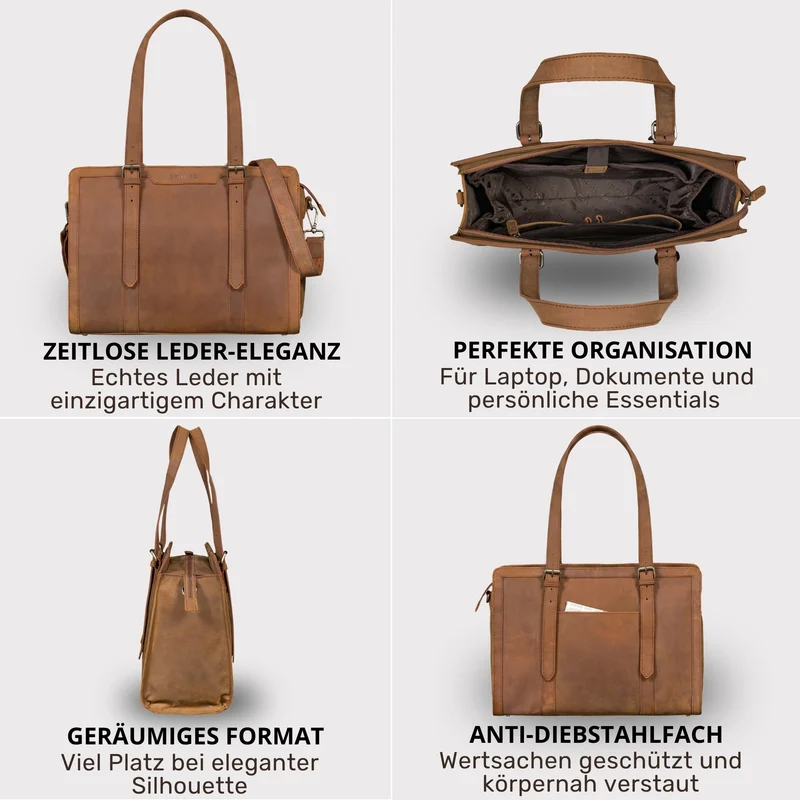 "Evelina" Elegante Leder Shopper Damen Groß 15,6 Zoll - 16 Zoll Laptop