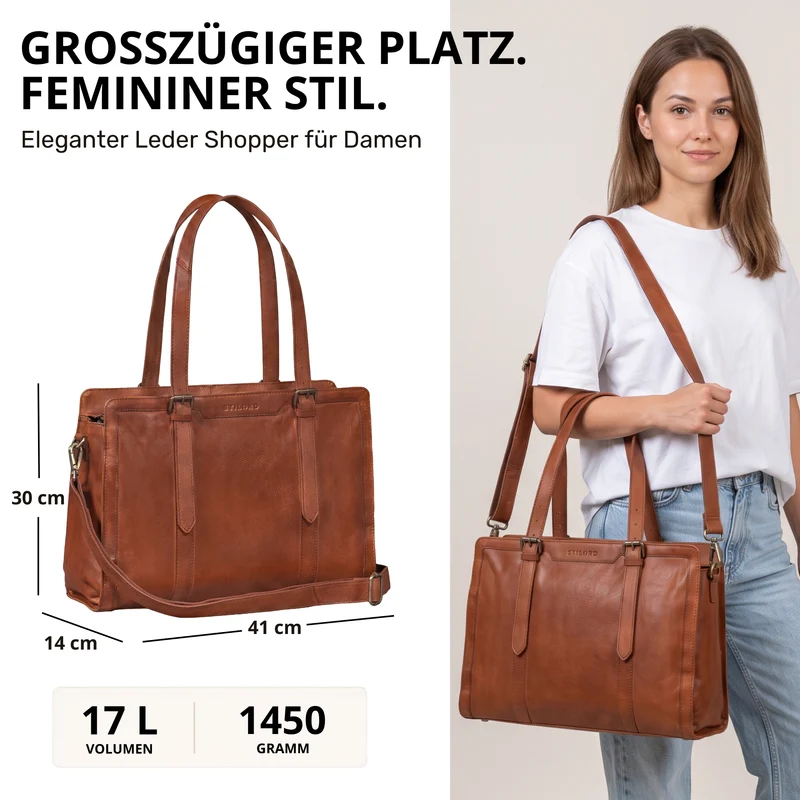 "Evelina" Elegante Leder Shopper Damen Groß 15,6 Zoll - 16 Zoll Laptop