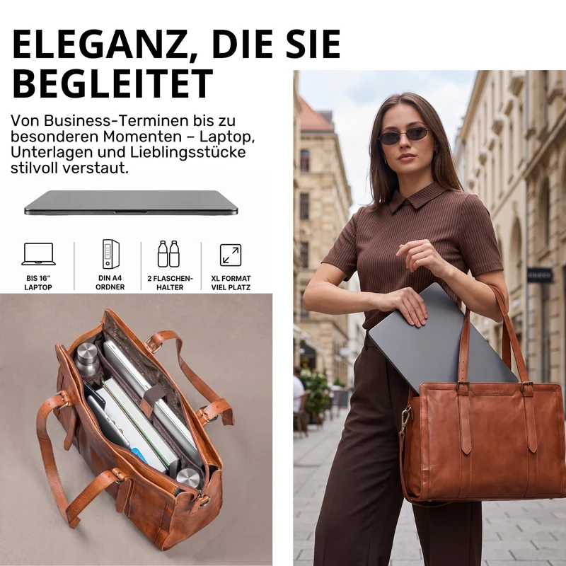 "Evelina" Elegante Leder Shopper Damen Groß 15,6 Zoll - 16 Zoll Laptop