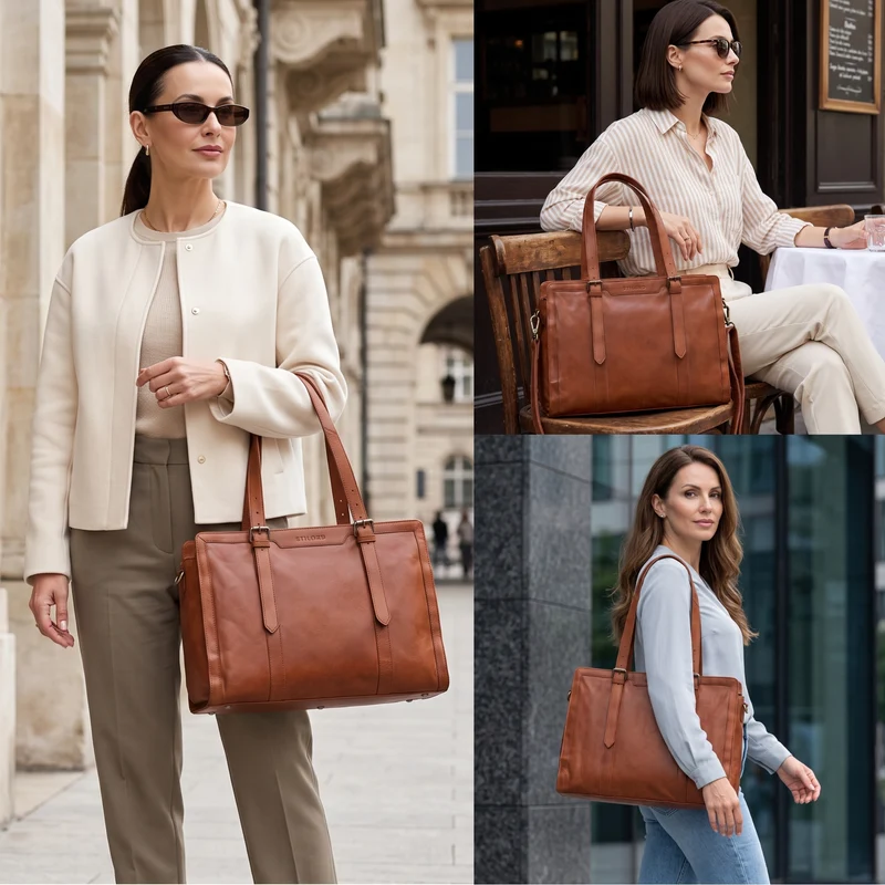 "Evelina" Elegante Leder Shopper Damen Groß 15,6 Zoll - 16 Zoll Laptop