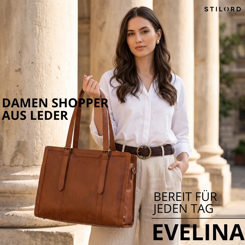 "Evelina" Elegante Leder Shopper Damen Groß 15,6 Zoll - 16 Zoll Laptop