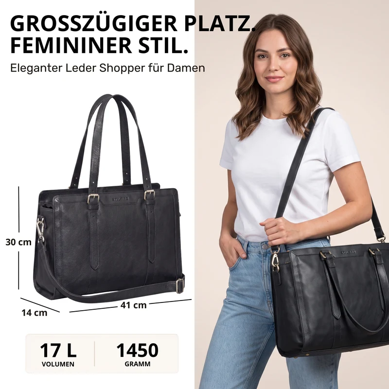 "Evelina" Elegante Leder Shopper Damen Groß 15,6 Zoll - 16 Zoll Laptop